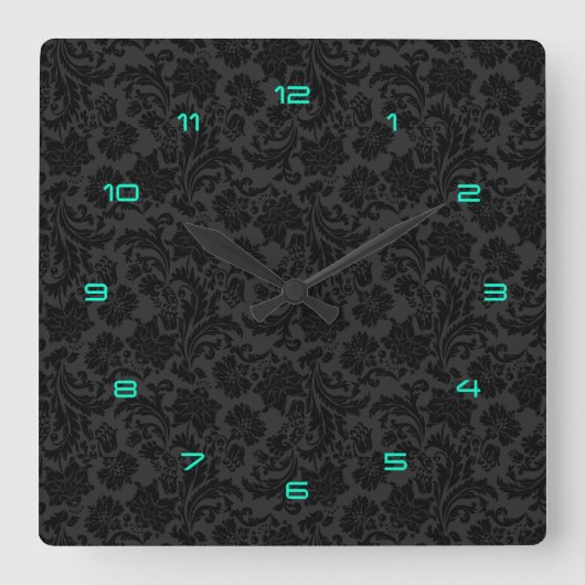 Schwarze Monotonen Vintage BlumenDamaskus 4 Quadratische Wanduhr (Vorderseite)
