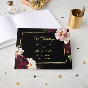 Schwarze Moody Burgunder-Rosa Blumen-Hochzeitssitz Gästebuch