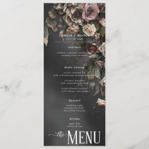 Schwarze Moody Gothic Blumen & Nebel Hochzeit Menükarte