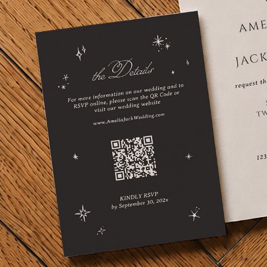 Schwarze Moody-Hochzeitsdetails-QR-Code Begleitkarte