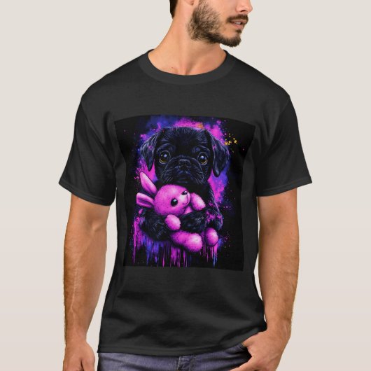 Schwarze Mops-Plüschliebe T-Shirt (Vorderseite)