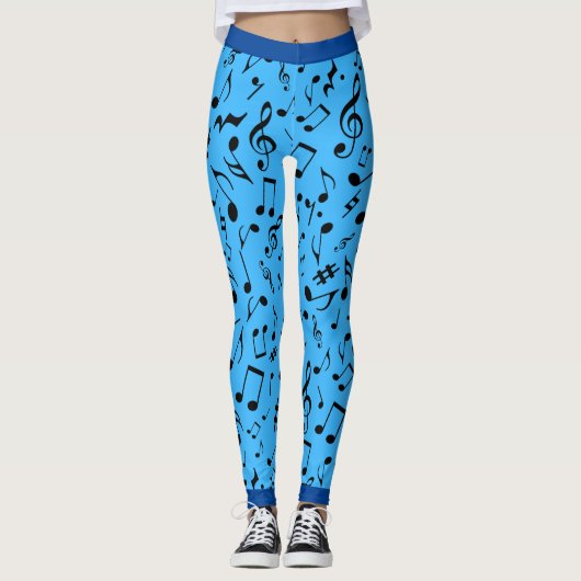 Schwarze Musiknoten auf blau (oder Ihr Col) Leggings (Vorderseite)