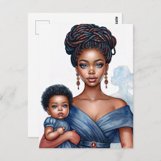 Schwarze Mutter und Kind in Blau Postkarte (Vorne/Hinten)