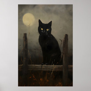 Schwarze Nachtkatze Vintage-Druck, Mondkatze auf e Poster