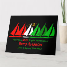 Schwarze nautische Weihnachtskarte mit Segelbooten