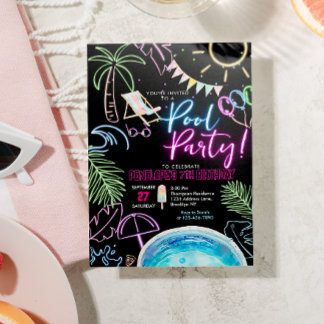 Schwarze Neon-Glow-Wasserfarbe Poolparty-Geburtsta Einladung