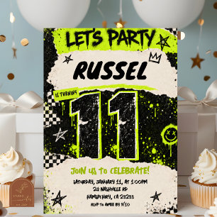 Schwarze Neon-Grüne Grunge-Party zum 11. Geburtsta Einladung