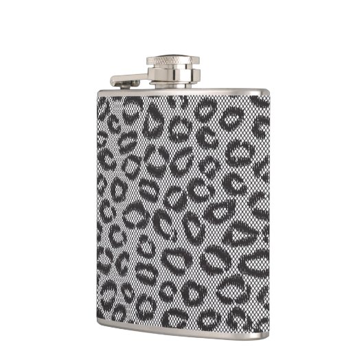 Schwarze Nettospitze mit Leopardmuster auf Weiß Flachmann (Links)