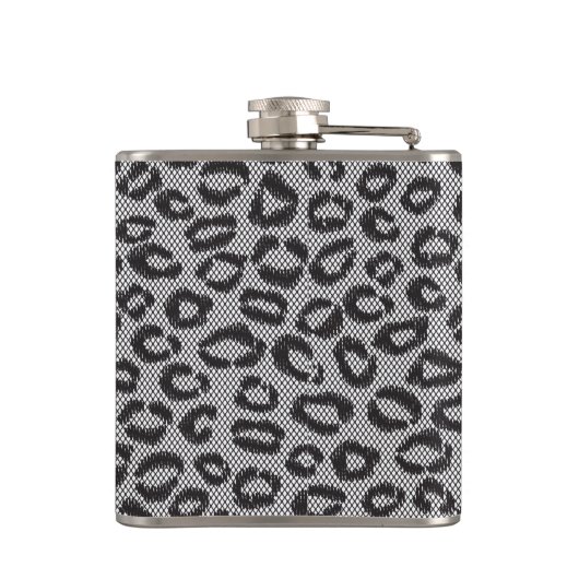 Schwarze Nettospitze mit Leopardmuster auf Weiß Flachmann (Rückseite)