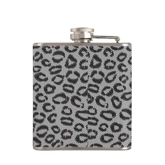 Schwarze Nettospitze mit Leopardmuster auf Weiß Flachmann (Rückseite)