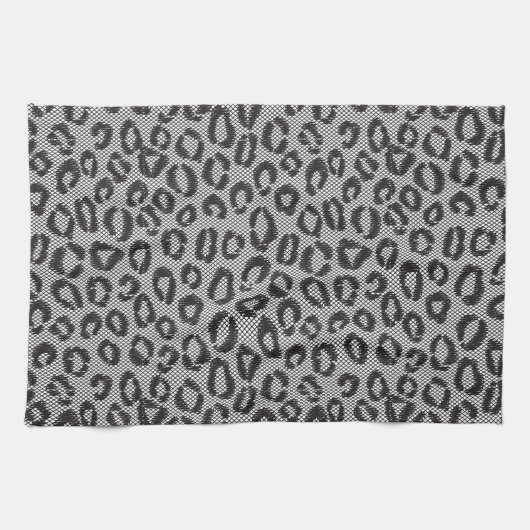Schwarze Nettospitze mit Leopardmuster auf Weiß Geschirrtuch (Horizontal)