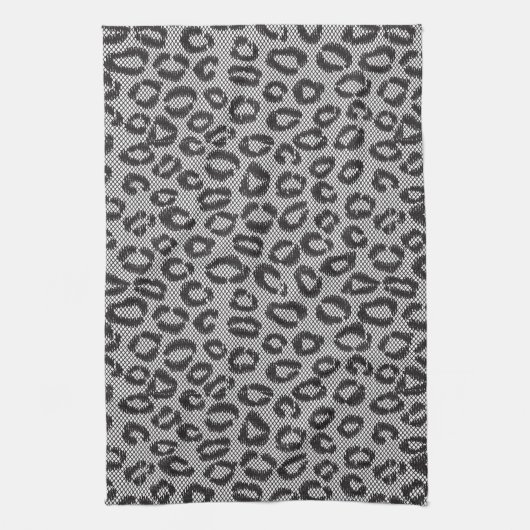 Schwarze Nettospitze mit Leopardmuster auf Weiß Geschirrtuch (Vertikal)