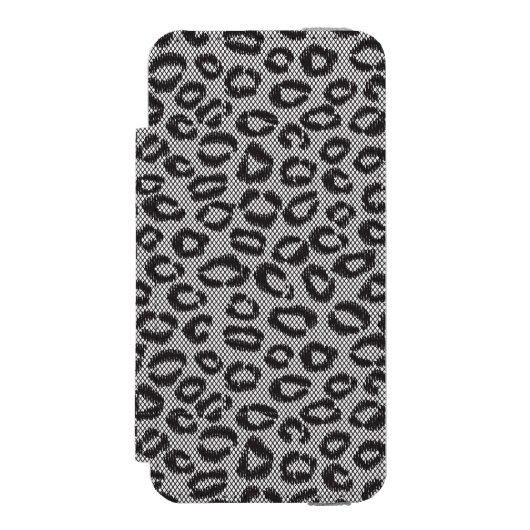 Schwarze Nettospitze mit Leopardmuster auf Weiß Incipio iPhone Geldbeutel-Hülle (Folio Vorderseite)
