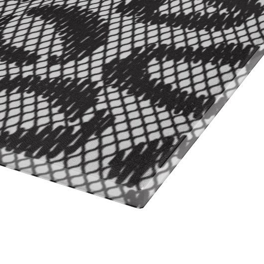 Schwarze Nettospitze mit Leopardmuster auf Weiß Schneidebrett (Ecke)