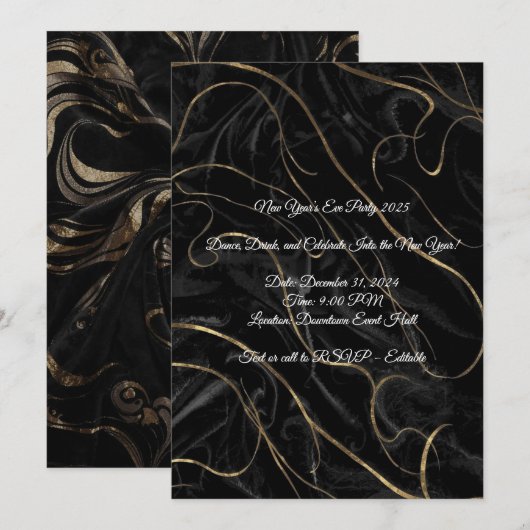 Schwarze Neujahrs-Einladung aus Samt – Editierbar Einladung (Vorne/Hinten)