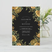 Schwarze Ocker-Ranunculus-Eukalyptus-Hochzeit Einladung (Stehend Vorderseite)