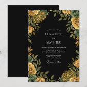 Schwarze Ocker-Ranunculus-Eukalyptus-Hochzeit Einladung (Vorne/Hinten)