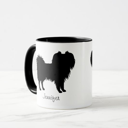 Schwarze (oder andere) Phalène-Hunde-Silhouette Tasse (Vorderseite Links)