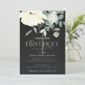 SCHWARZE OFFENE WEISSE AQUA FLORAL ERSTE HOLZGEMEI EINLADUNG (Stehend Vorderseite)