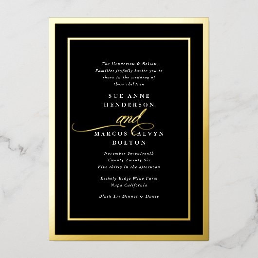 Schwarze Onyx formale Kalligrafie Gold Rahmen Hoch Folieneinladung (Vorderseite)
