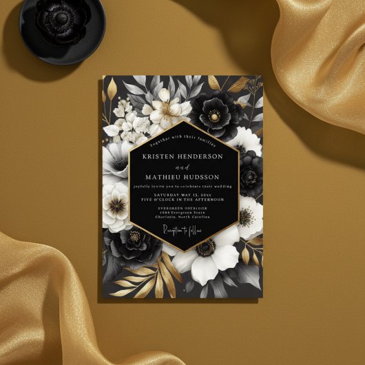 Schwarze opulente Blumenhochzeit Einladung