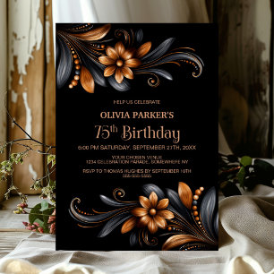 Schwarze orangefarbene Blumen zum 75. Geburtstag Einladung