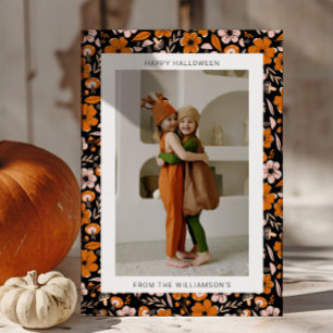 Schwarze Orangen Blumen Pilze Halloween Foto Feiertagskarte