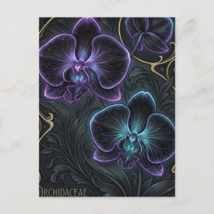 Schwarze Orchidee blüht mit biolumineszentem Viole Postkarte