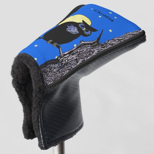 Schwarze Owl blaue Augen in Baummoon Sternen Golf Headcover (3/4 Vorderseite)