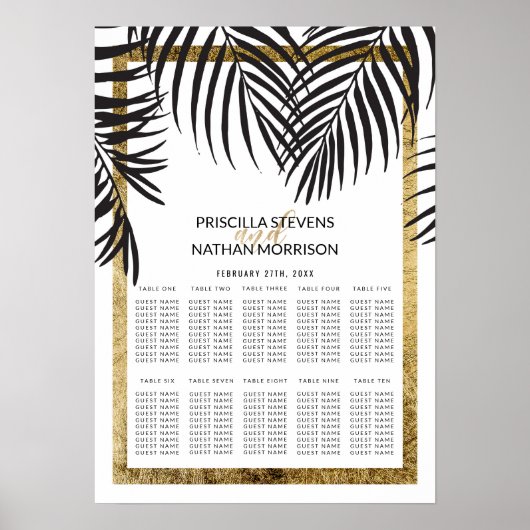 Schwarze Palme Fronds Gold Border Seating Chart Poster (Vorne)