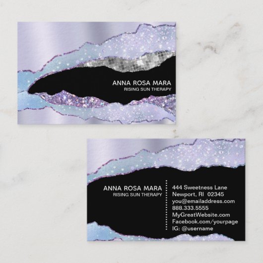*~* Schwarze Pastellfarben Agate Geode Silver Glit Visitenkarte (Vorne/Hinten)