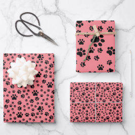 Schwarze Paw-Prints auf Erdbeerrosa Geschenkpapier Set