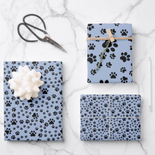 Schwarze Paw-Prints auf hellblau Geschenkpapier Set