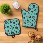 Schwarze Paw Prints Design Ofenhandschuh & Topflappen-Set (Oben Unten)