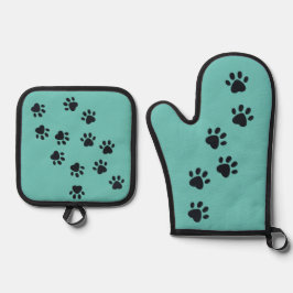 Schwarze Paw Prints Design Ofenhandschuh & Topflappen-Set