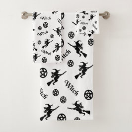 Schwarze Pentagramme und Hexen auf Besen Badhandtuch Set