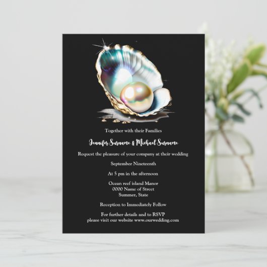 Schwarze Perle in seashell eleganten Strand Insel Einladung (Stehend Vorderseite)