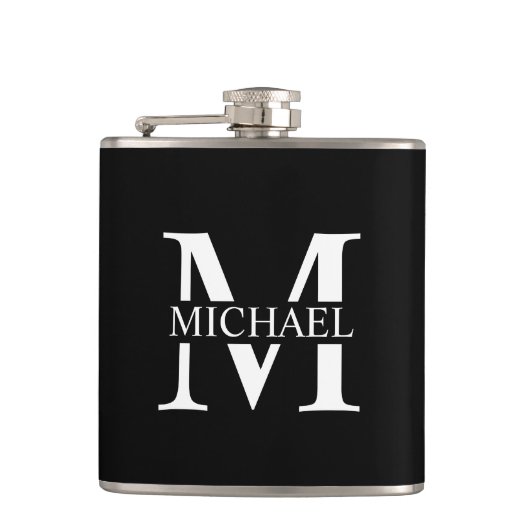 Schwarze personalisierte Monogramm- und Namens-Fla Flachmann (Vorderseite)