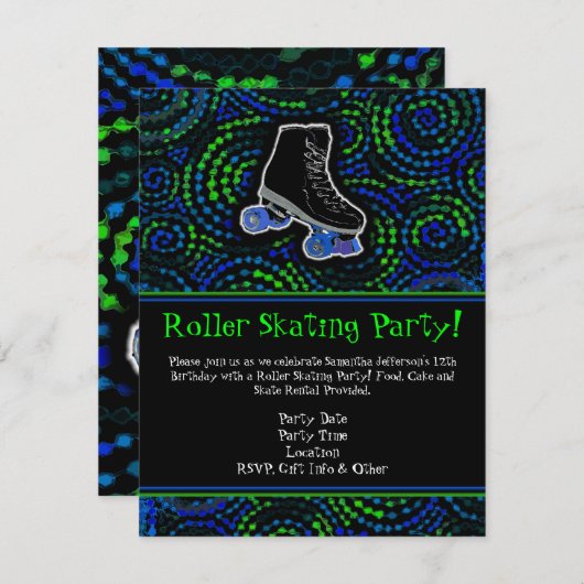Schwarze Personalisierte Roller-Skaten-Party Einla Einladung (Vorne/Hinten)