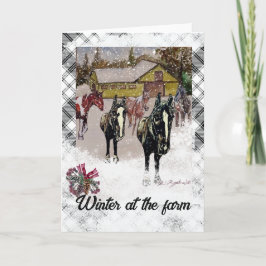 Schwarze Pferde Winter auf dem Bauernhof karierter Einladung