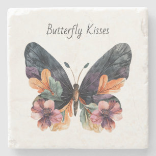 Schwarze Pfirsich-Rosa-Blumen-Schmetterling-Küsse Steinuntersetzer