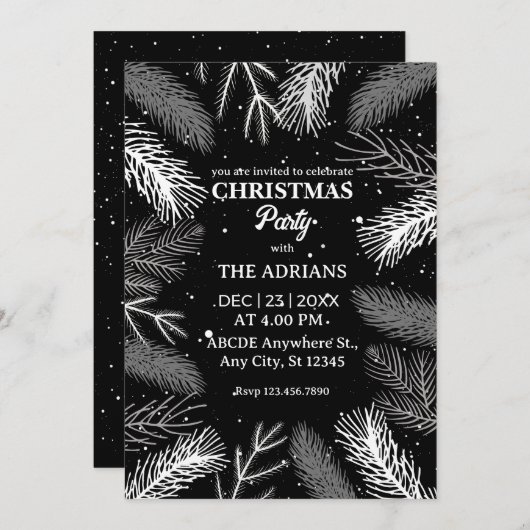 Schwarze Pinienbäume Blätter mit schneeweihnachtli Einladung (Vorne/Hinten)
