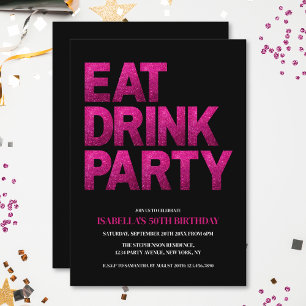 Schwarze Pink Glitter Eat Drink Party 50. Geburtst Einladung