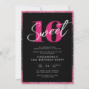 Schwarze Pink Glitter Glam Sweet Sixteen Geburtsta Einladung