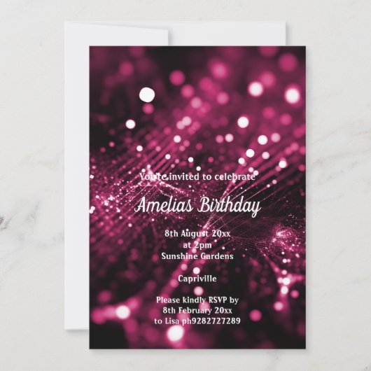 SCHWARZE PINK SATIN DIAMOND WATERFALL BIRTHDAY PAR EINLADUNG (Vorderseite)