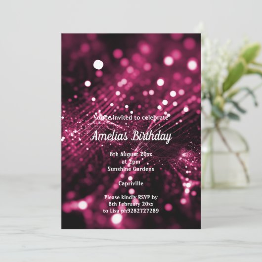 SCHWARZE PINK SATIN DIAMOND WATERFALL BIRTHDAY PAR EINLADUNG (Stehend Vorderseite)