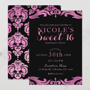 Schwarze & Pinke Damast Chic Elegante Sweet 16 Par Einladung
