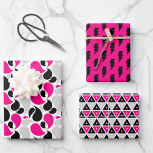 Schwarze Pinke Geometrie Blitz Form Geschenkpapier Set