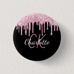 Schwarze pinke Glittertropfen mit individuellem Mo Button