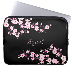 Schwarze Pinke Kirschblüten-Monogramm Laptopschutzhülle